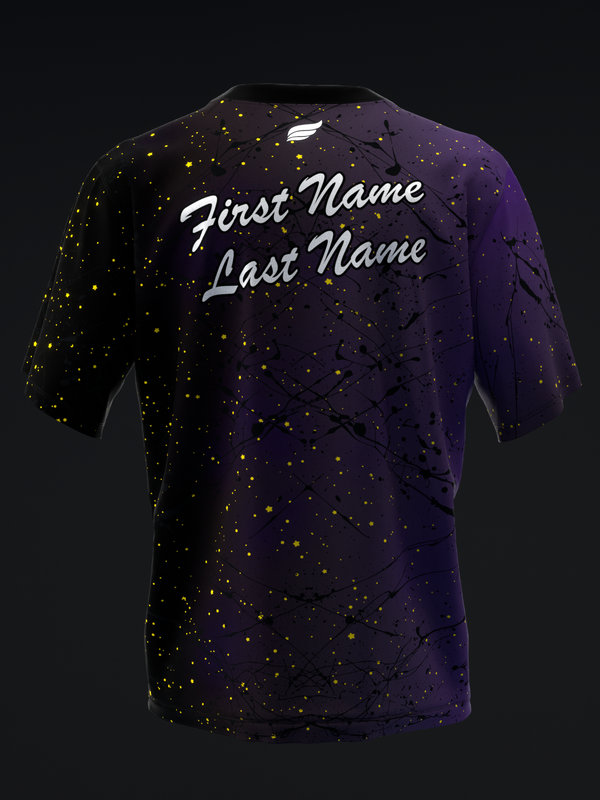 Dark purple bowling jersey with gold splatter pattern and white script text
