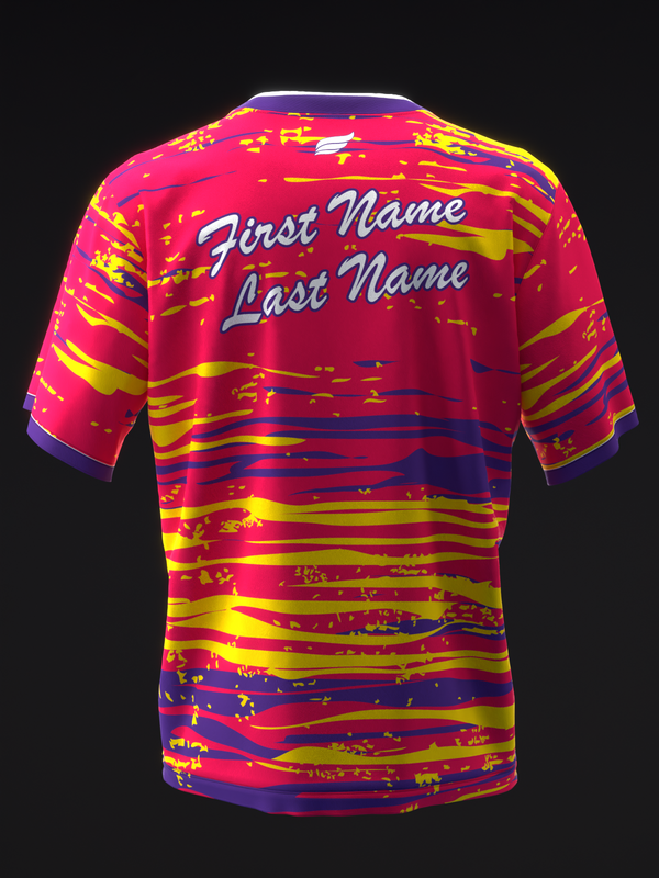 Back view of red bowling jersey with yellow and purple horizontal stripes and personalization text