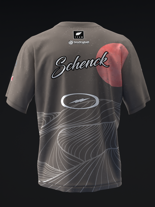 Gray bowling jersey with Schenck name, red accent, and white linear pattern