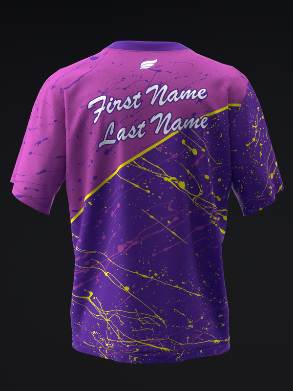 Purple and pink bowling jersey with yellow splatter pattern and personalization text, back view
