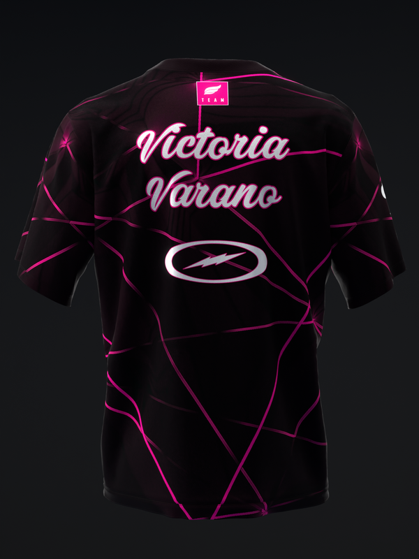 Black bowling jersey with neon pink geometric pattern and Victoria Varano text, back view