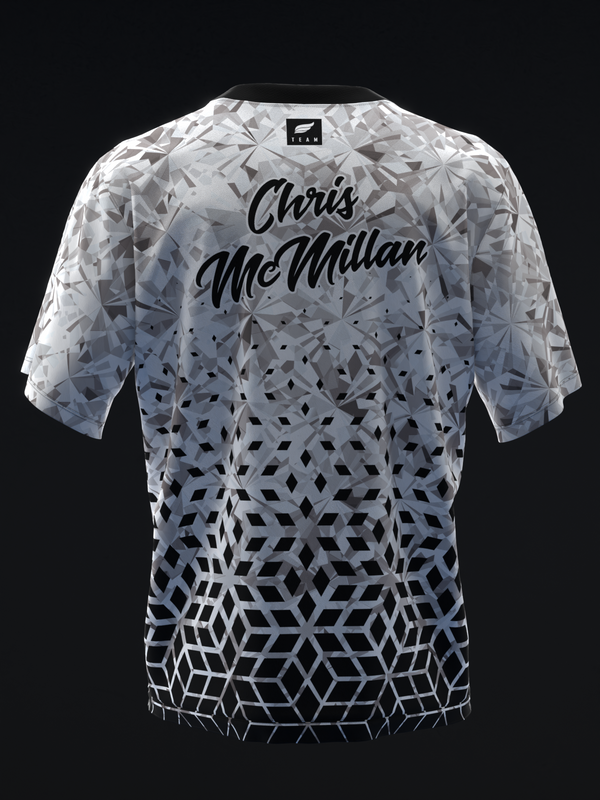 Back view of gray bowling jersey with geometric diamond pattern and Chris McMillan text