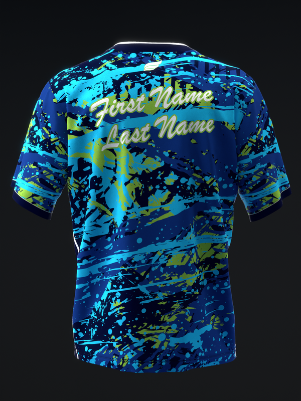 Navy bowling jersey with cyan and lime splatter pattern and personalization text