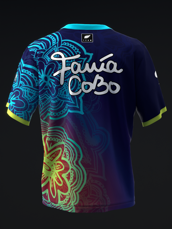 Dark navy bowling jersey with cyan and neon mandala patterns, white script text