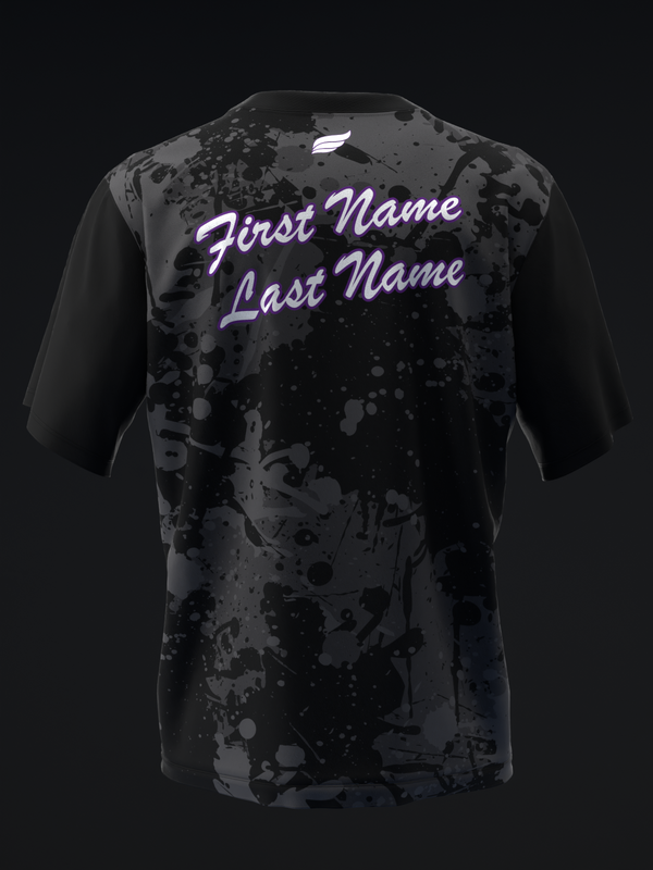 Black bowling jersey with splatter pattern and purple script name text