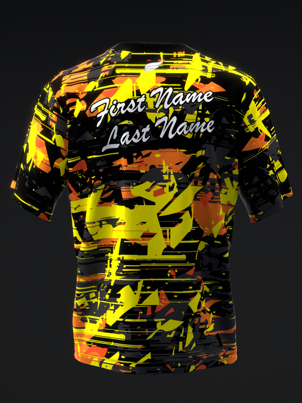 Black bowling jersey with neon yellow, orange geometric pattern and personalization lines