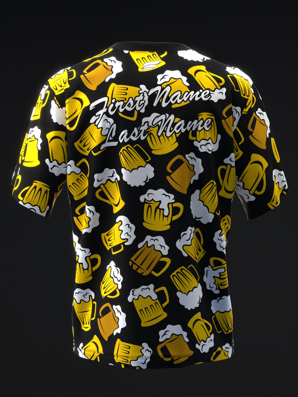 Black bowling jersey with yellow beer mugs and white foam graphic pattern