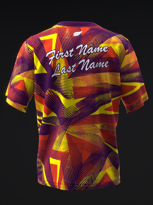 Bowling jersey with geometric triangular pattern in purple, yellow, orange, and red, back view with personalization text