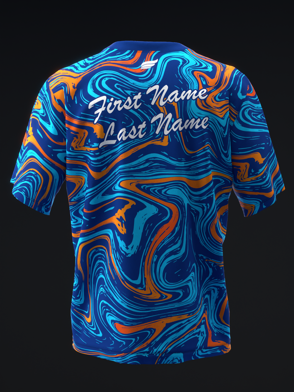 Bowling jersey back with liquid swirl pattern in blue, orange, and cyan with personalization text