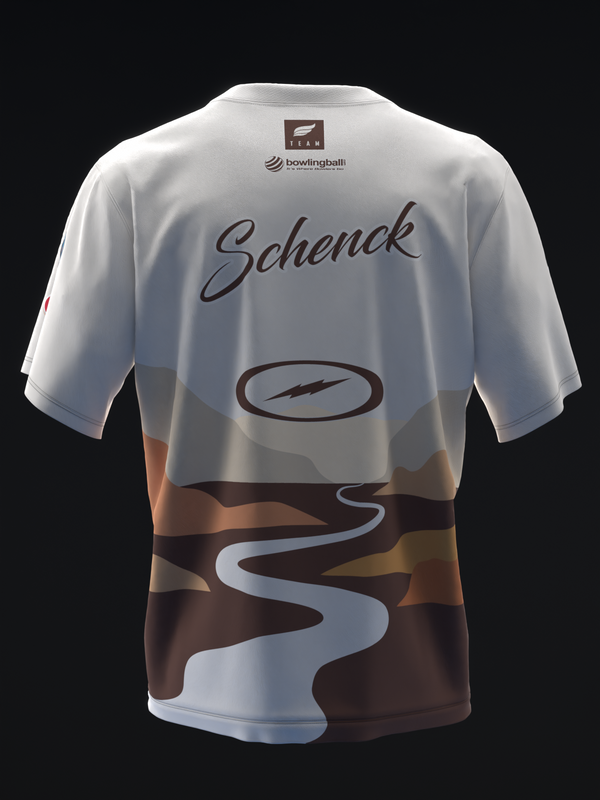 White and brown bowling jersey with Schenck name and wavy landscape graphic, back view