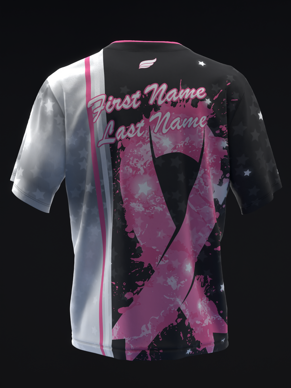 Black and pink bowling jersey with abstract splatter design and personalization text