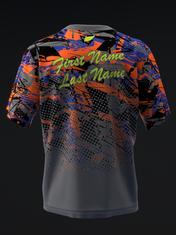 Black bowling jersey with orange and blue geometric pattern and green name text
