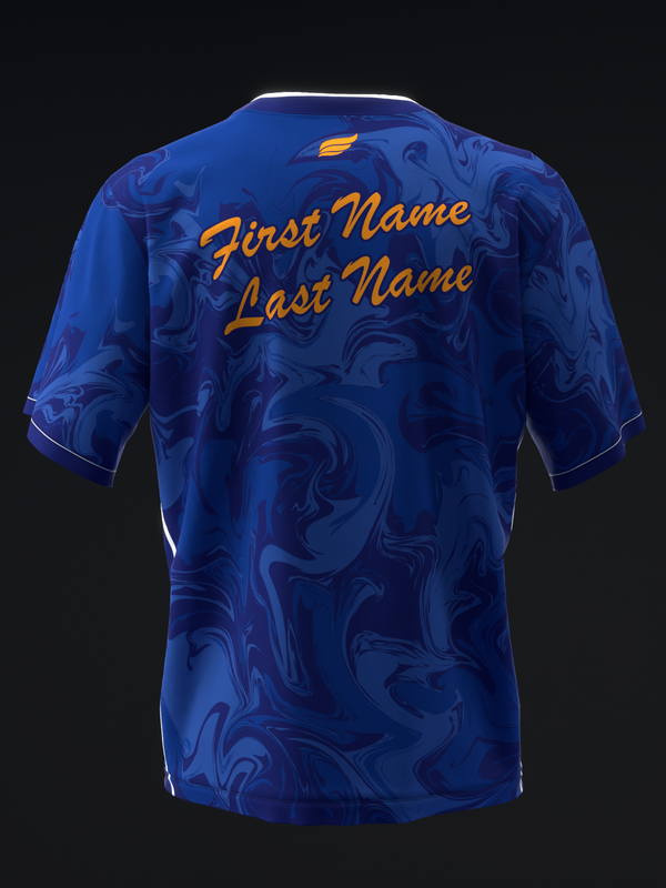 Blue bowling jersey with swirled pattern and gold personalized name text on back