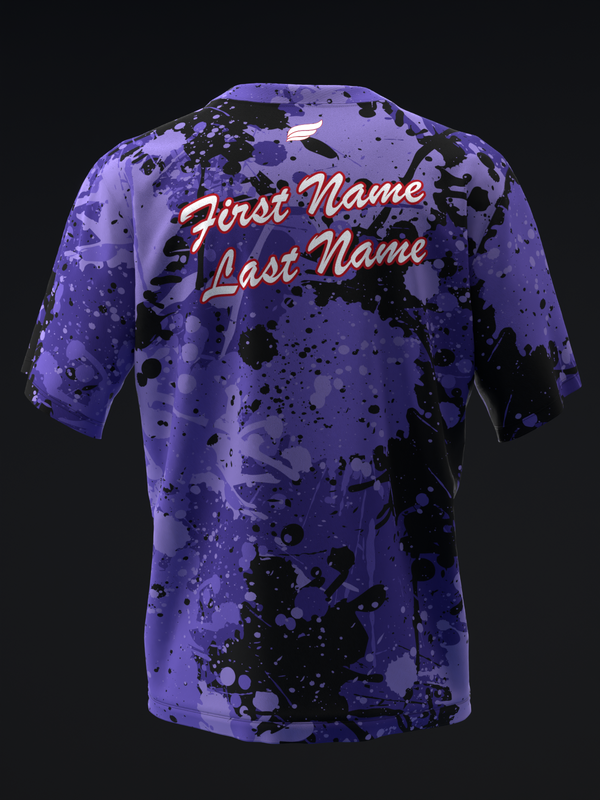 Purple bowling jersey with black splatter pattern and orange script text on back