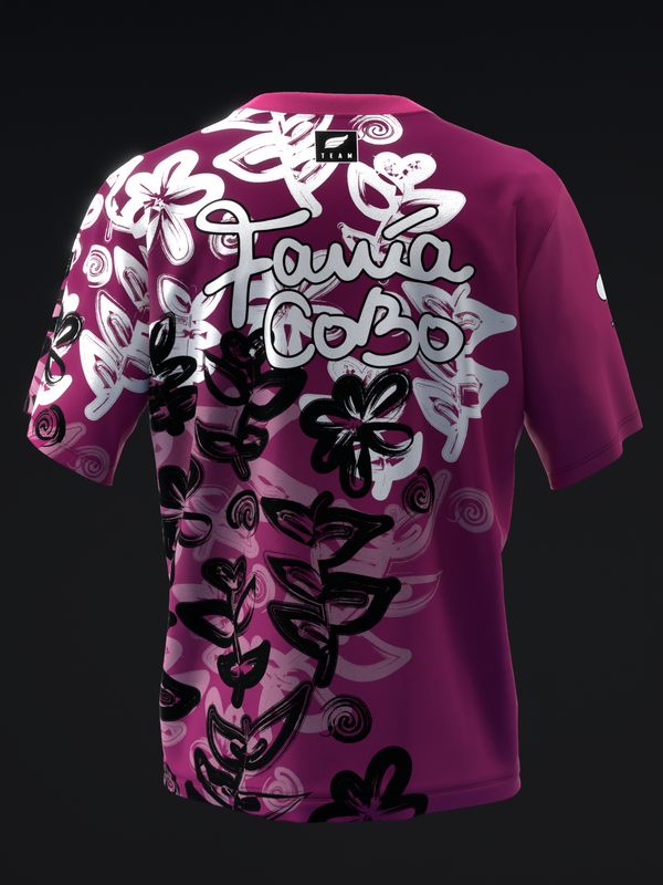 Magenta bowling jersey with white and black floral graphic design, back view