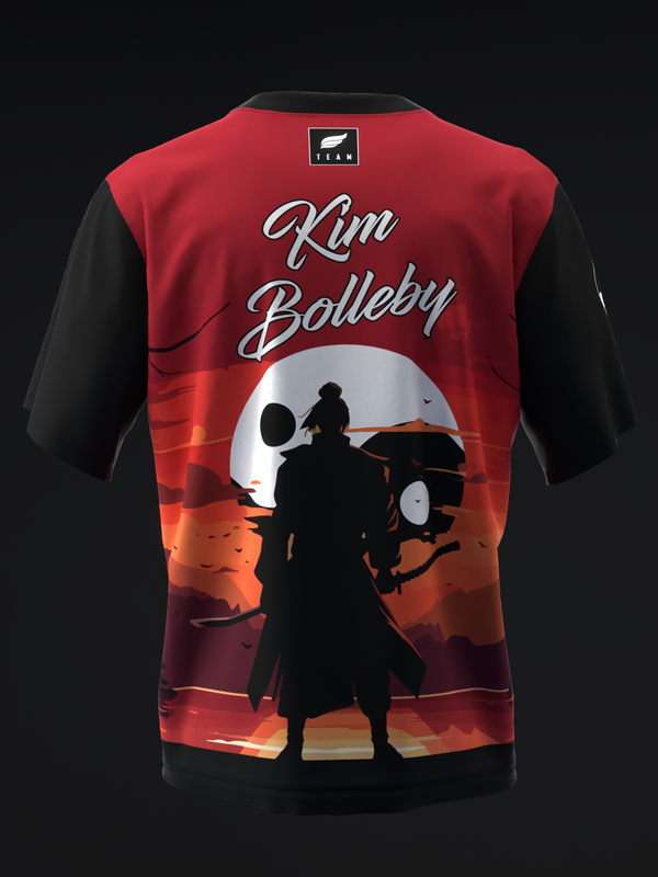 Red and black bowling jersey with samurai silhouette graphic and sunset background