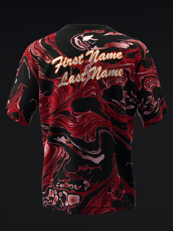 Black and red marbled bowling jersey with personalized name placement on back