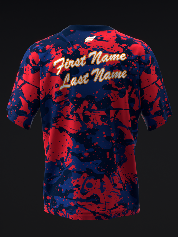 Red and blue splatter pattern bowling jersey with personalized name text