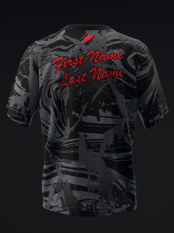 Black bowling jersey with gray abstract pattern and red personalized name text