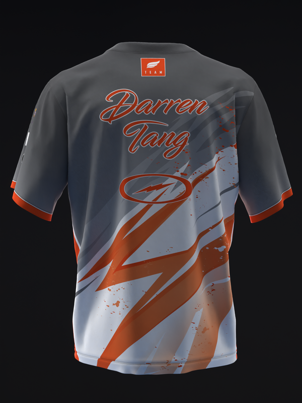 Gray and orange bowling jersey with brushstroke design, back view