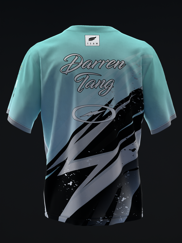 Tiffany blue bowling jersey with Darren Tang name and lightning graphic design, back view