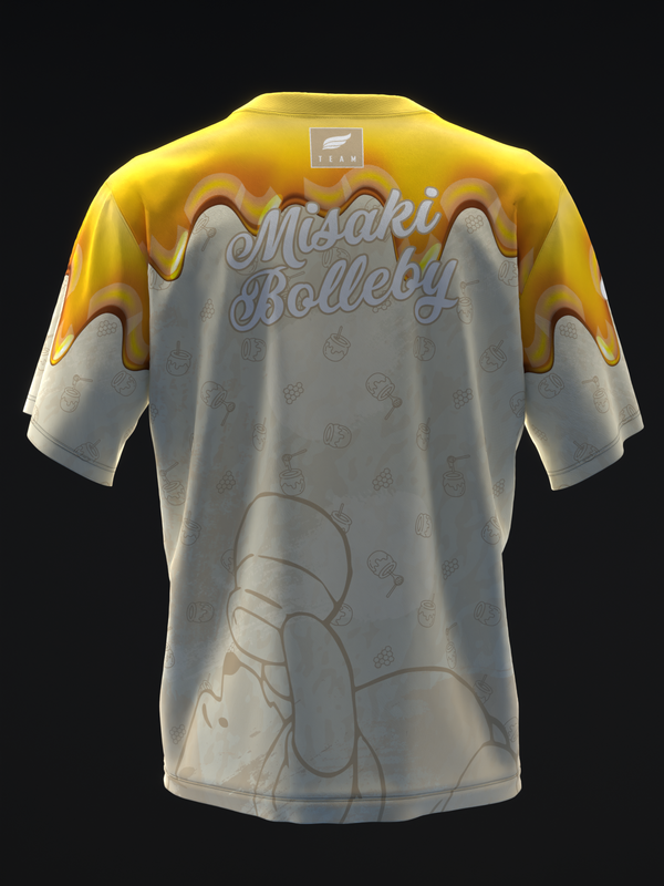 Yellow and gray bowling jersey with Misaki Bolleby script and graphic design