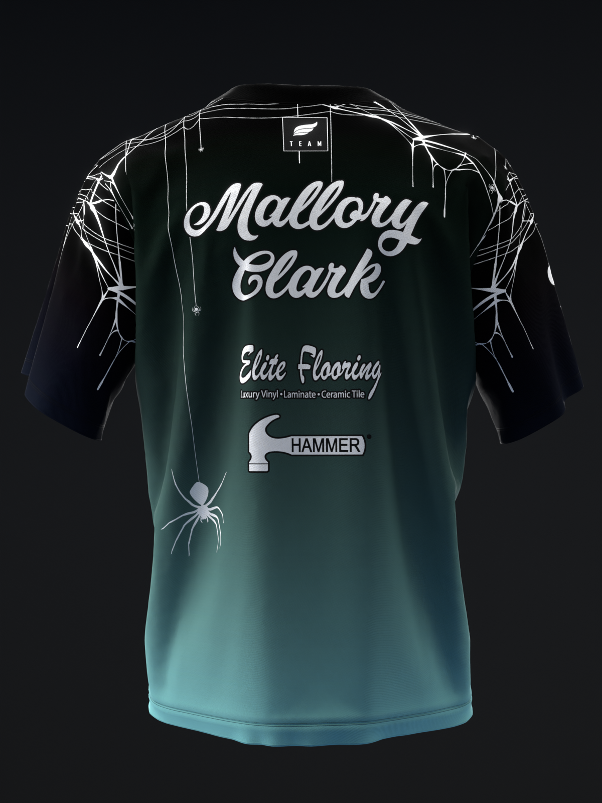 Front view teal bowling jersey with spider web graphic and Mallory Clark text