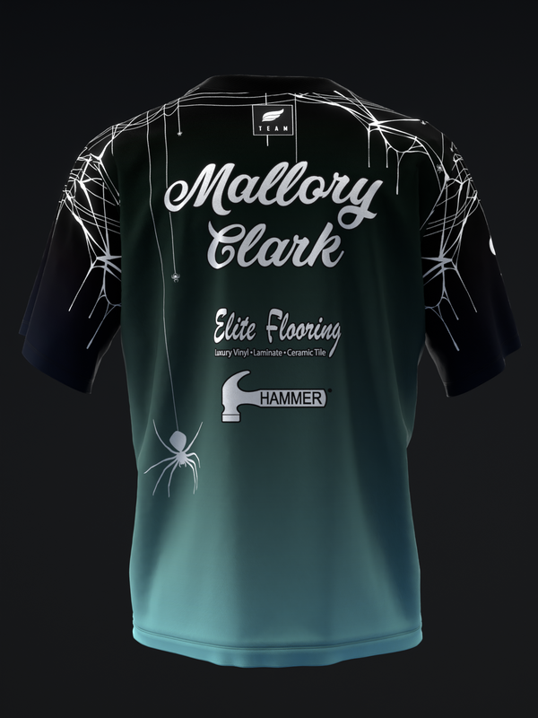 Front view teal bowling jersey with spider web graphic and Mallory Clark text