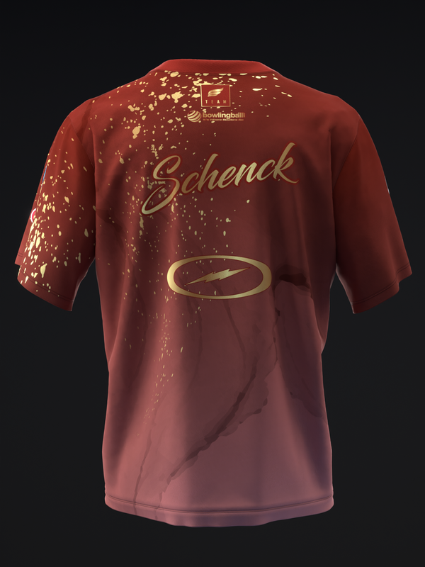 Bowling jersey back view, burgundy with gold splatter pattern and Schenck text