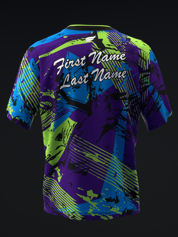 Purple bowling jersey with lime green and blue abstract graphic and personalization text