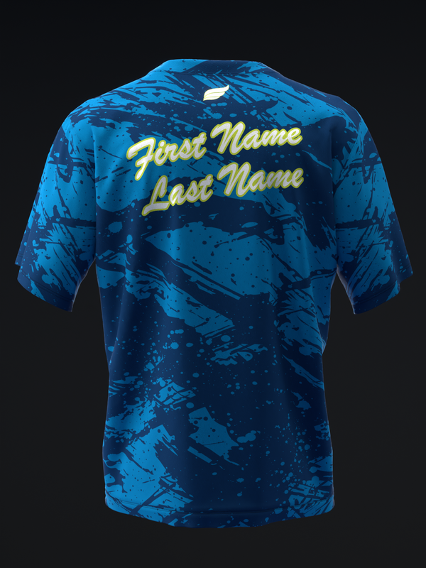 Blue abstract splatter bowling jersey with yellow name text on back