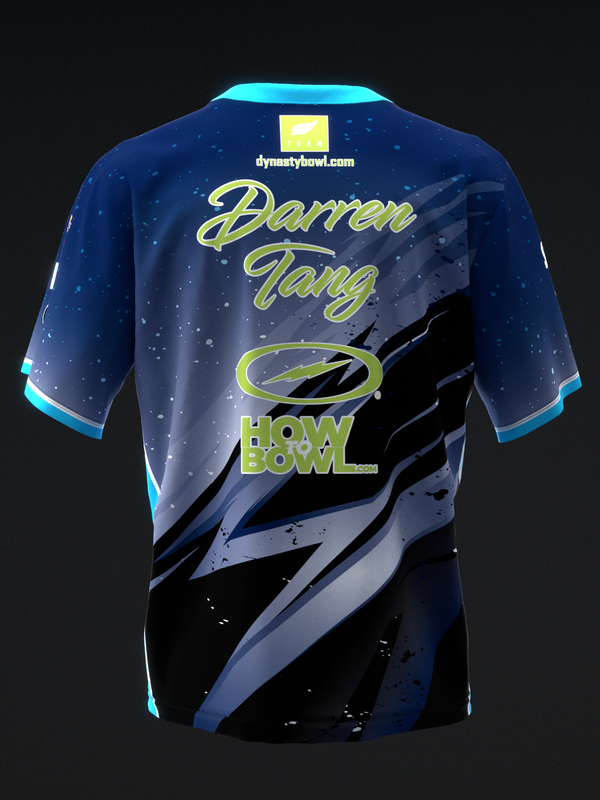 Back view of dark blue bowling jersey with cyan trim and yellow text design