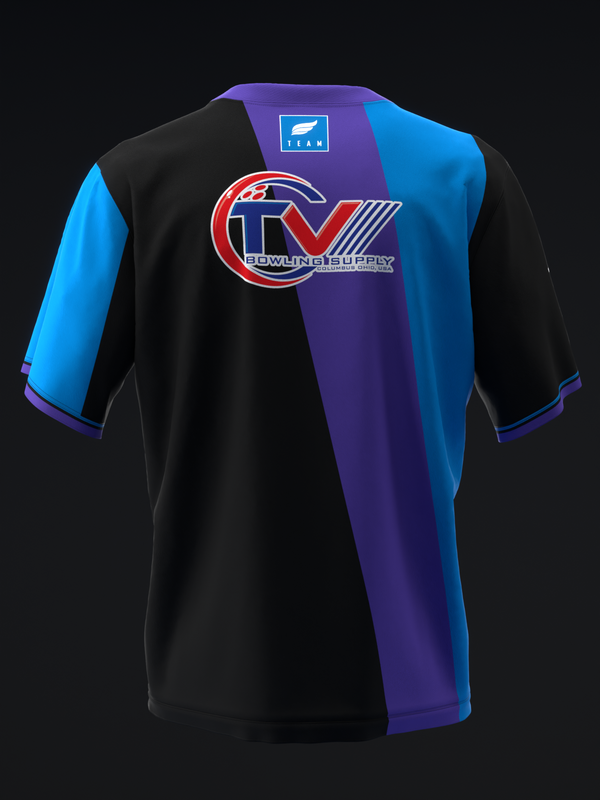 Black bowling jersey with blue and purple vertical stripes and red logo graphic