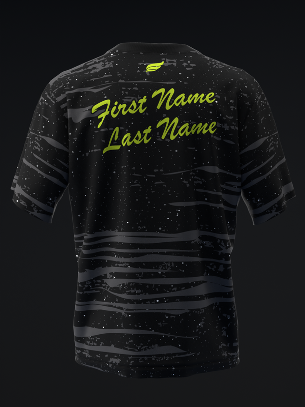 Black bowling jersey with yellow name text and speckled pattern, back view