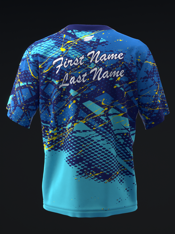 Blue bowling jersey with abstract geometric and splatter pattern, back view