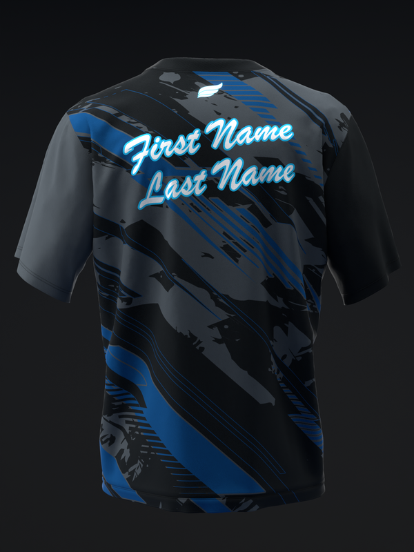 Black bowling jersey with blue abstract streaks and personalized name text