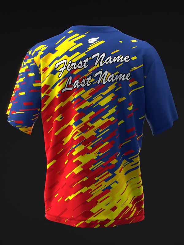 Blue and red bowling jersey with yellow streaked pattern and personalization text