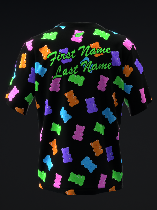 Black bowling jersey with neon gummy bear pattern and personalized text, front view