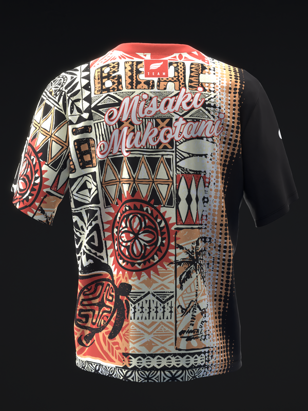 Bowling jersey with black sleeves and multicolored geometric abstract front panel design
