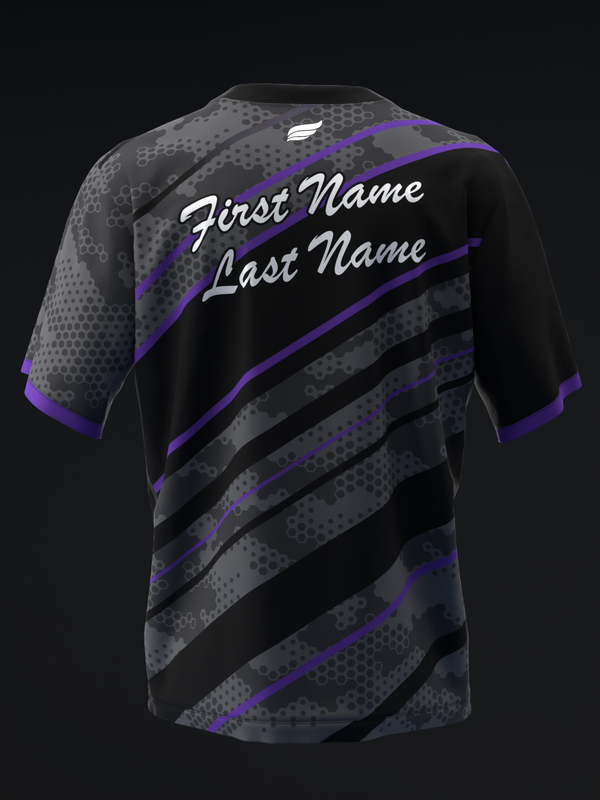 Black bowling jersey with purple and gray diagonal stripes and honeycomb pattern, front view with personalization text