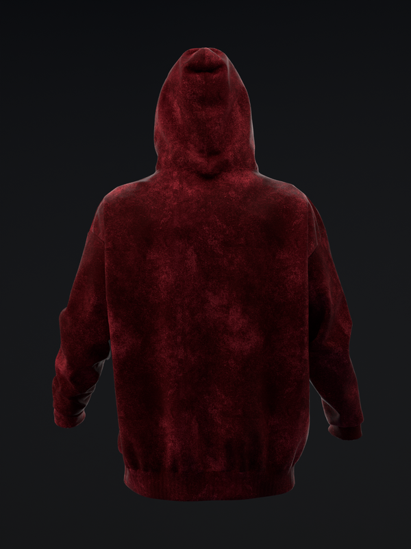 Deep red velvet pullover hoodie with drawstring hood, back view
