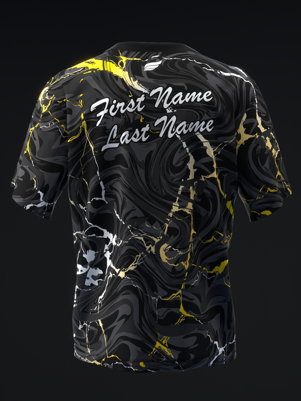 Black bowling jersey with yellow and white lightning bolt pattern and personalization text
