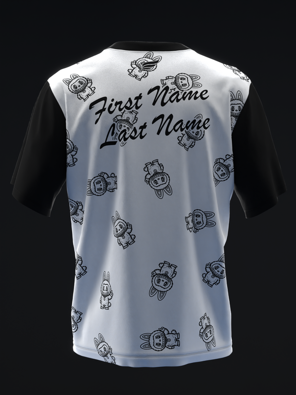 White sleeveless bowling jersey with black cartoon character pattern and personalized name text