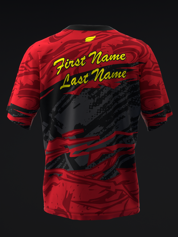 Red and black bowling jersey with yellow personalization text and abstract swirl pattern, back view