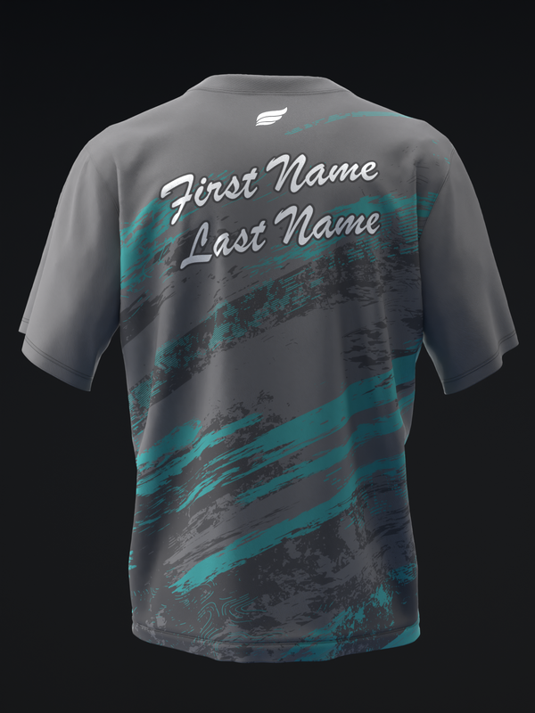 Gray bowling jersey back with teal brushstroke pattern and personalized name placement