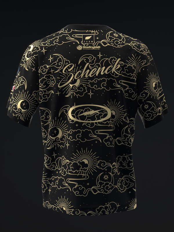 Black bowling jersey with gold celestial and ornamental allover print, front view