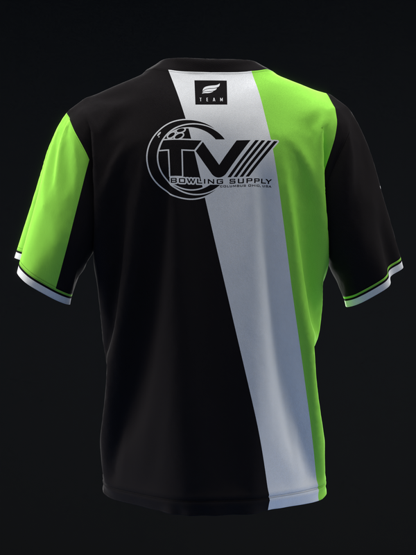 Black bowling jersey with neon green sleeves and white vertical stripe down center front