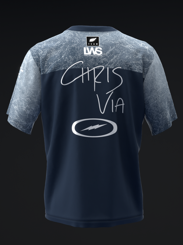 Navy bowling jersey back view with textured sleeves and handwritten-style graphics