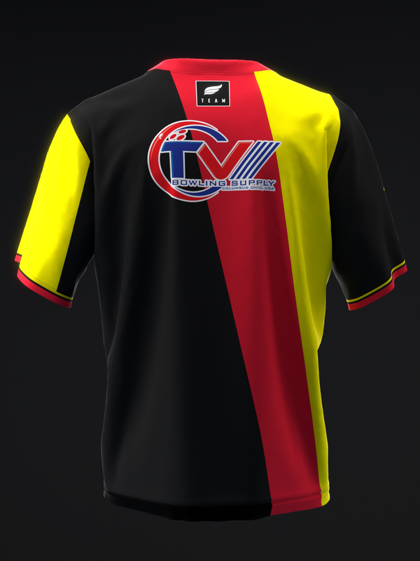 Bowling jersey with black, red, and yellow vertical stripes and circular logo