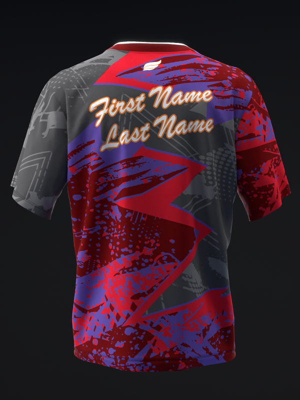 Red and black bowling jersey with abstract grunge pattern and name customization